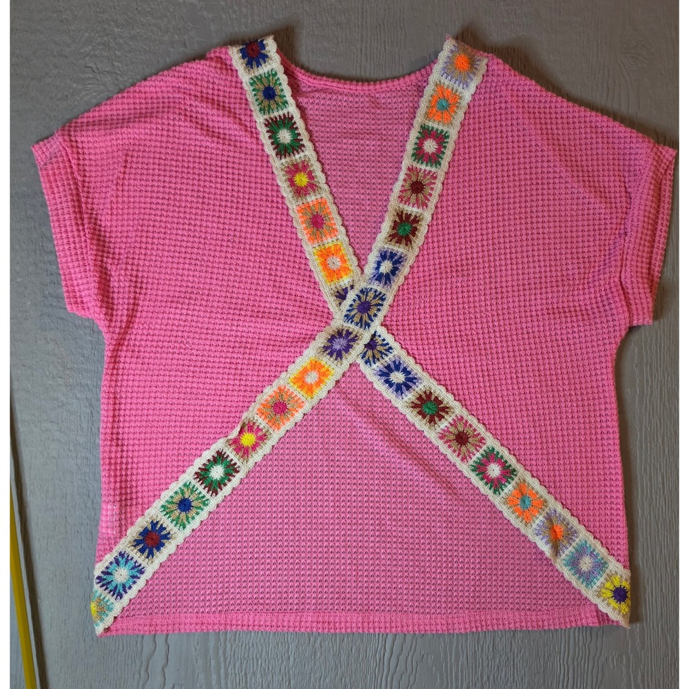 SHEIN Pink Waffle Knit Crochet Granny Square Trim Top XL Boho Short Sleeve